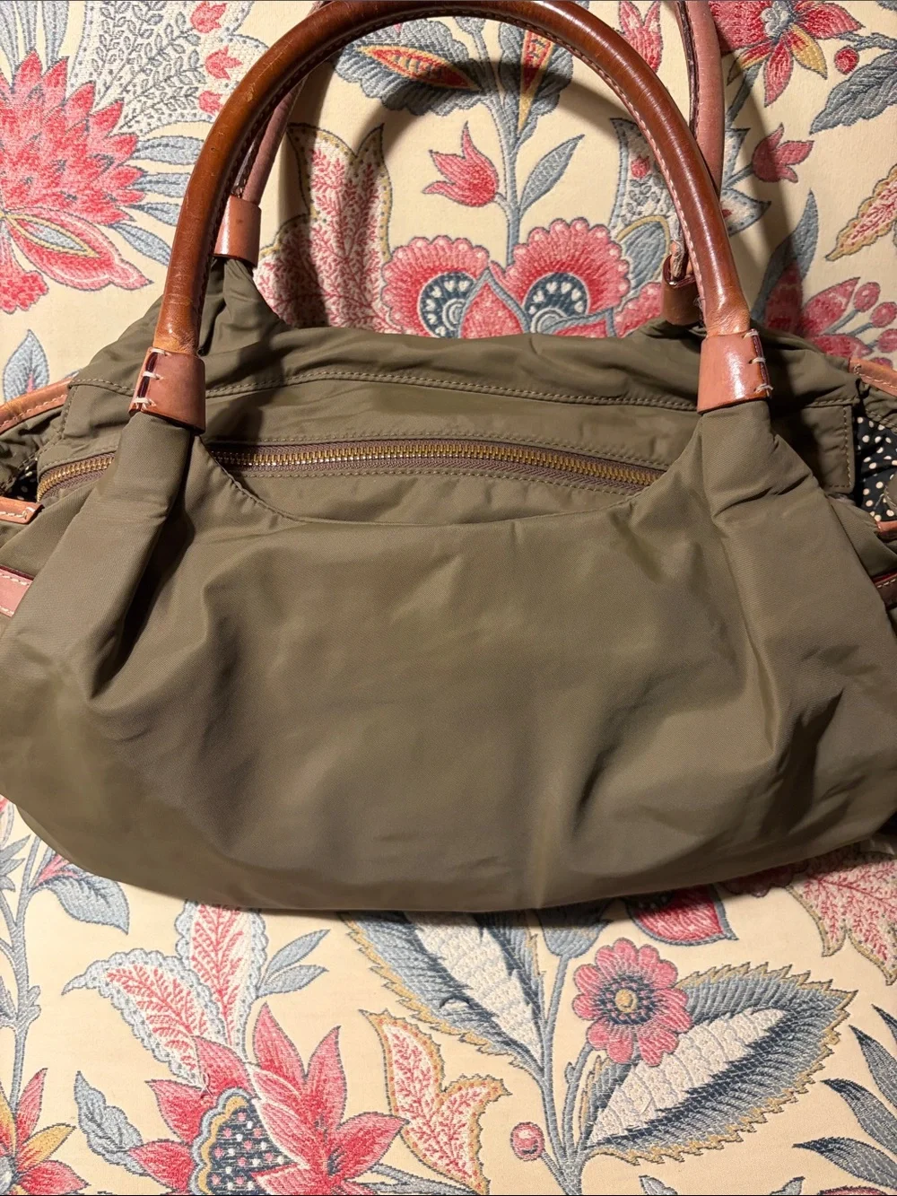 kate spade Olive Green Nylon Shoulder Bag with Tan Leather Trim